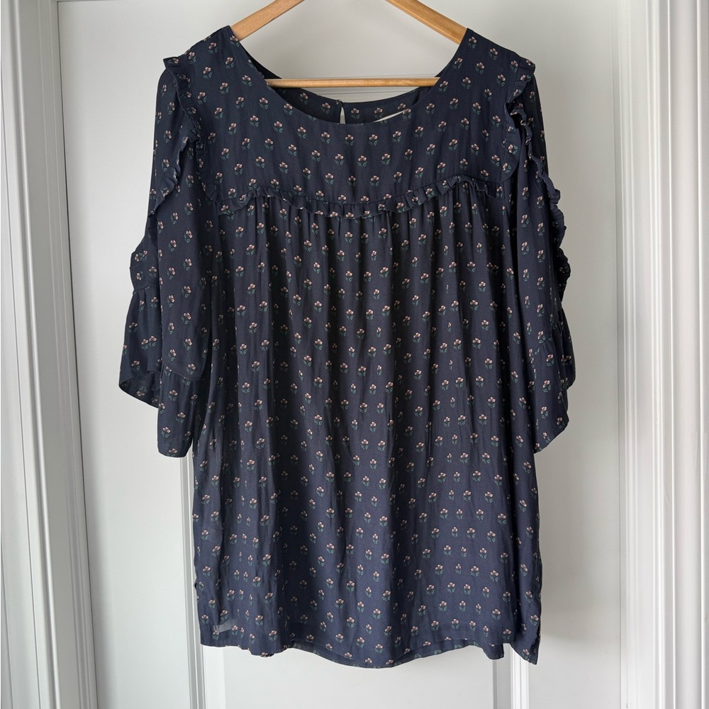 LOFT Navy Floral Peasant Blouse with Pink Blossoms